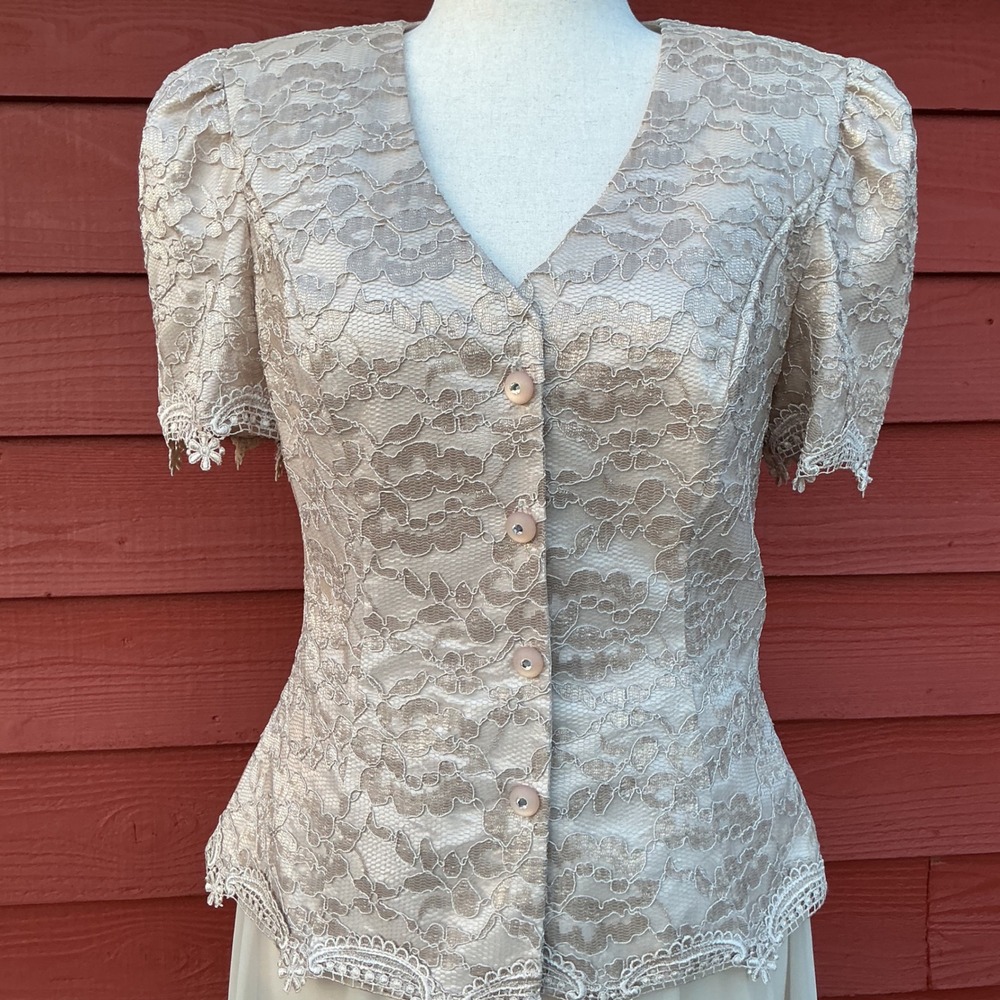 Cachet 2 Piece Dress Set Womens 12 Champagne Lace Chiffon Vintage 90s Romantic - Picture 9 of 14